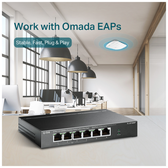 TP-LINK TL-SF1006P 6 Port  MegaBit  Metal Kasa  4 Port PoE  67W  Yönetilemez  Masaüstü Switch