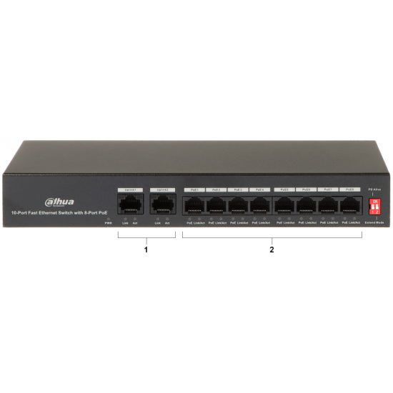 DAHUA PFS3010-8ET-65  8 Port  MegaBit  8 Port PoE  65W  +2 Port MegaBit Uplink  Yönetilemez  Masaüstü Switch