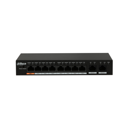 DAHUA PFS3010-8ET-96  8 Port  MegaBit  8 Port PoE  96W  +2 Port GigaBit Uplink  Yönetilemez  Masaüstü Switch