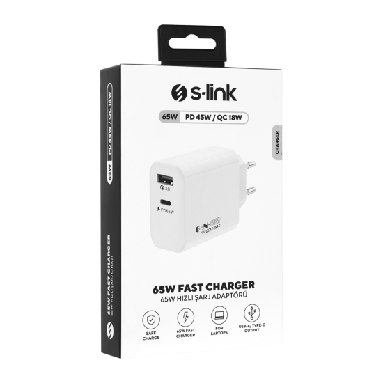 S-LINK SL-EC69  65W USB-C +USB-A Şarj Cihazı. Telefon  Tablet  Notebook için uyumludur  Beyaz