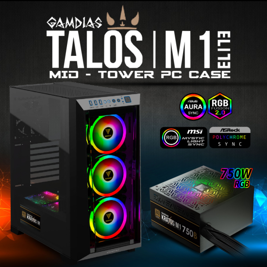 GAMDIAS TALOS M1 Elite  750W  Tempered Glass  ARGB  80+ Bronze  ATX GAMING KASA
