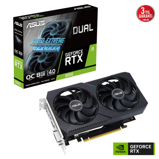ASUS DUAL-RTX3050-O8G-V2 8GB  GDDR6  128Bit  1xHDMI  1xDP  1xDVI  GAMING Ekran Kartı